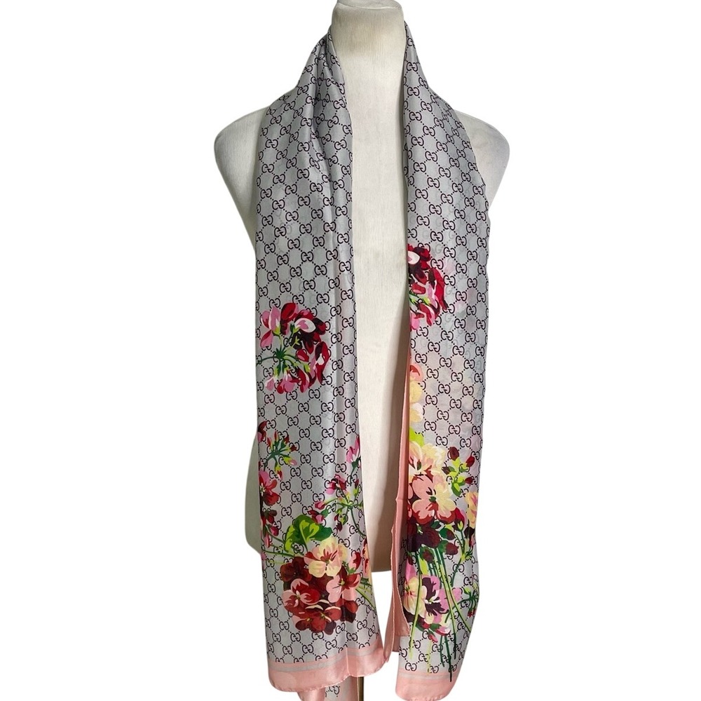 Pink Floral Trim GG  Silk Scarf 25 x 74